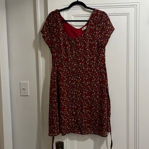 Red multi-colored leaf dress.